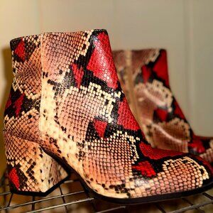 Mix No. 6 Snake Print Orange and Brown Chunky Heel Ankle Boots, 7.0 Med.